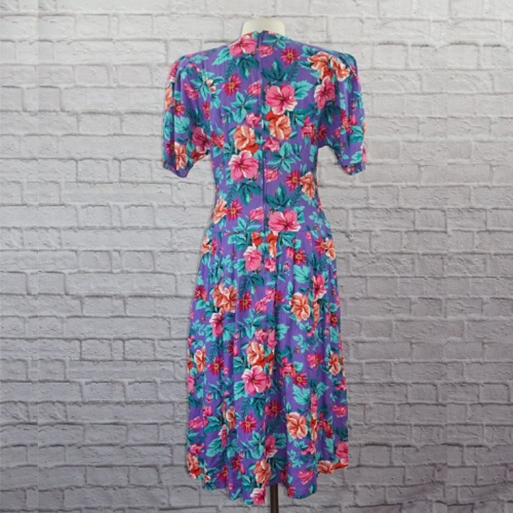 Vintage 80s Tropical Floral Midi Dress - Picture 2 of 10
